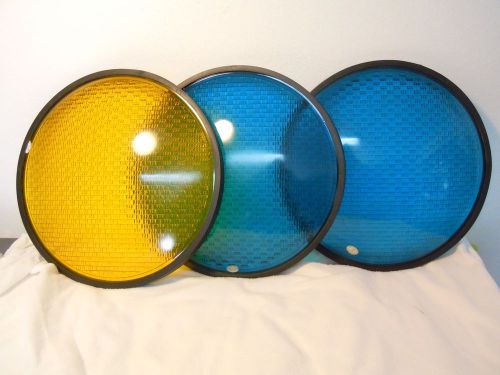 3 vtg kopp 12&#034; wide angle traffic light signal glass lenses  amber &amp; 2 blue for sale