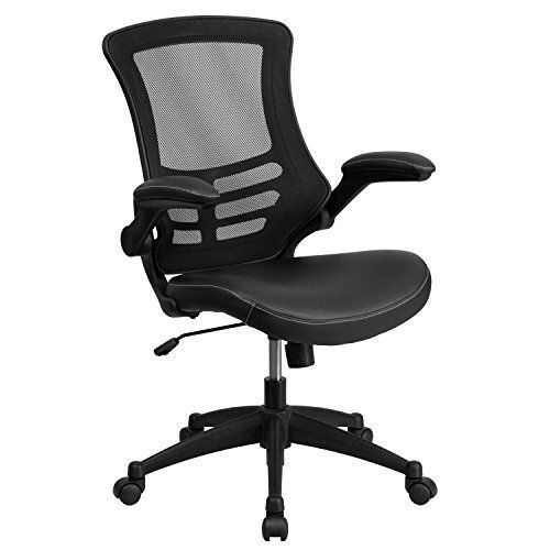 Mid-back kitchen dining features black mesh swivel task chair with leather seat for sale