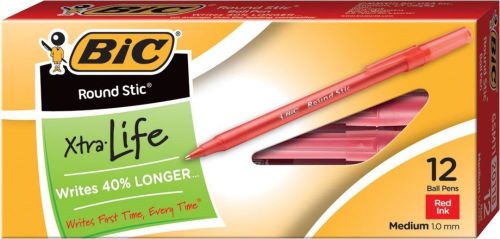 BIC® Round Stic® Ballpoint Pens, Medium Point, Red, Dozen