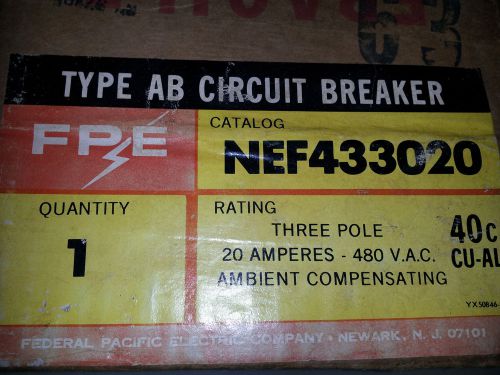 FEDERAL PACIFIC NEF433020 NEW IN BOX 3P 20A 480V BOLT IN BREAKER #A2
