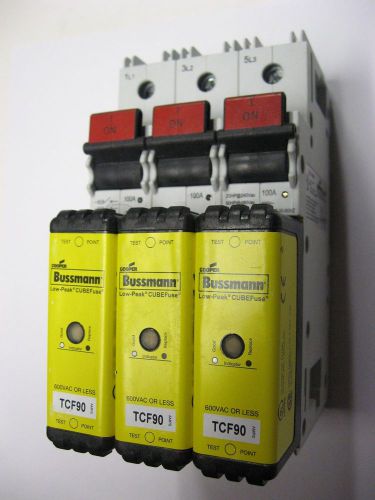 Cooper bussmann ccp-3-100cf cubefuse circuit protector, 3p,100a holder 90a fuses for sale