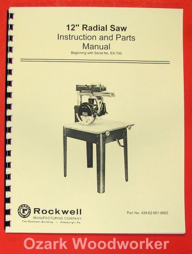 ROCKWELL/Delta 12&#034; Radial Arm Saw Instruction &amp; Part Manual 0624