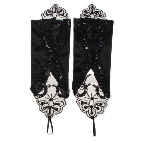 Sexy Bride Wedding Party Fingerless Pearl Lace Satin Bridal Gloves Fancy,Black g