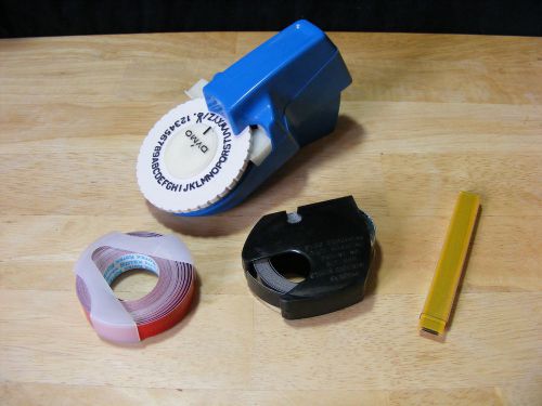 Blue mini dymo label maker w/ red, black &amp; cloth tape for sale
