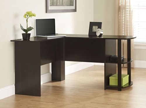 L shape modern wokstation home office computer desk dark cherry by ameriwood for sale