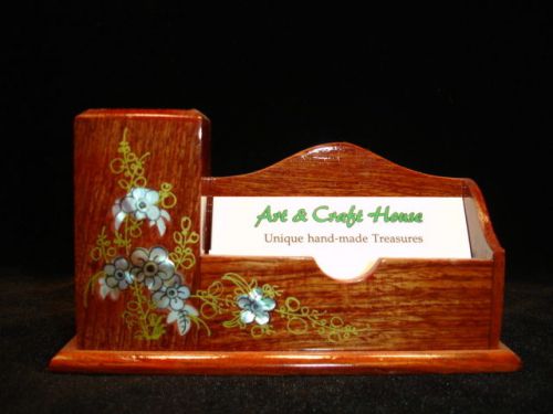 NEW Hand Carved Wood Mother Pearl inlaid FLOWER Pen Card Holder Yellow Apricot