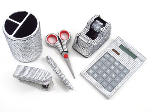 6 piece clear crystal office supply set: pen holder, scissors, calculator, tape for sale