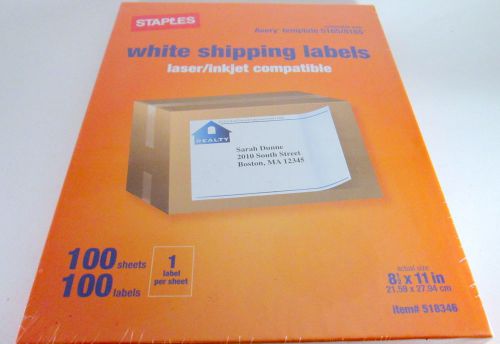 NEW Staples Avery 5165 White Shipping Labels 8.5&#034; X 11&#034; Full 100 Sht/100 Labels