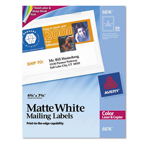 Avery White Laser Labels for Color Printing, 4 3/4&#034;x7 3/4&#034;, 50 per Pack