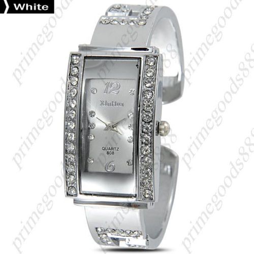 Oblong Rhinestones Alloy Bracelet Bangle Lady Ladies Wristwatch Women&#039;s White