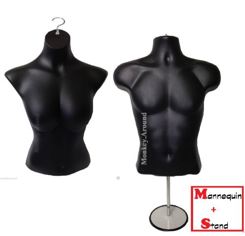 Set of 2 mannequin male + female torso dress form display clothing hang + stand for sale