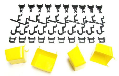 10 yellow plastic bins, 80 black peg hooks - garage pegboard storage - workbench for sale