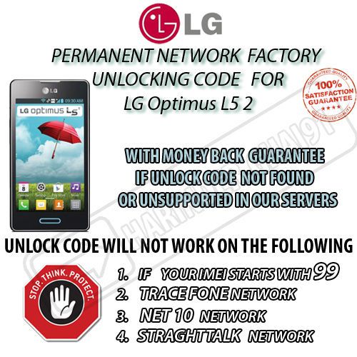 Unlock Unlocking Network CODE any LG Optimus L5 2 II E450G E450 450G Pin Fast