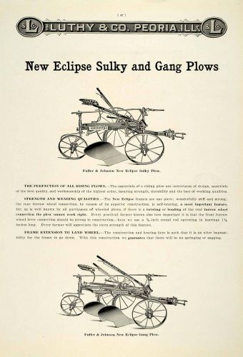 1912 ad antique fuller johnson new eclipse sulky gang plow farm implement lac2 for sale
