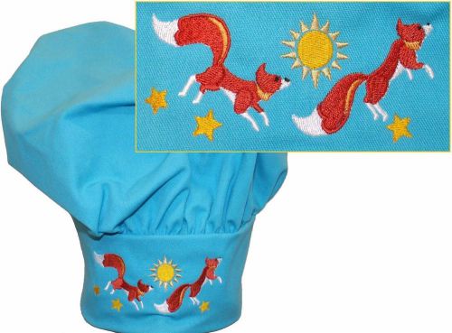 Red Foxes Leaping Sunshine &amp; Stars Chef Hat Turquoise Blue Child Size Adjustable