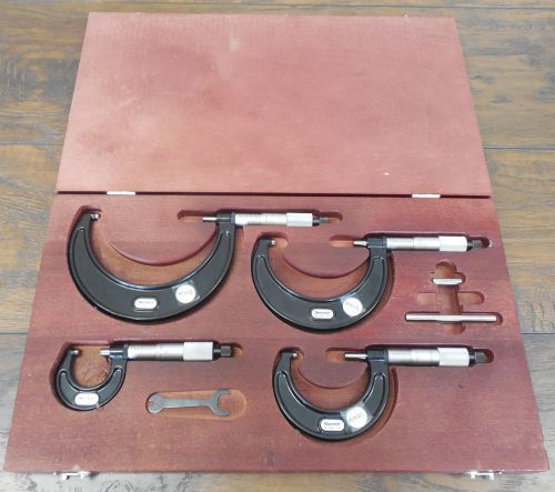 Starrett outside 436.1 micrometer set 0&#034; - 4&#034; with wooden box p for sale