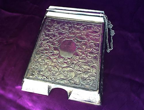 Vintage Silverplated and Embossed Desktop Notepaper Holder with Attached Pencil