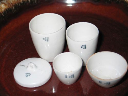 5 pieces porcelain lab ware COORS CRUCIBLES filter lid used 07 04