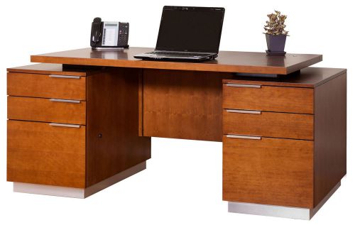 Modern Double Pedestal Cherry Office Desk with File Storage and Keyboard Tray