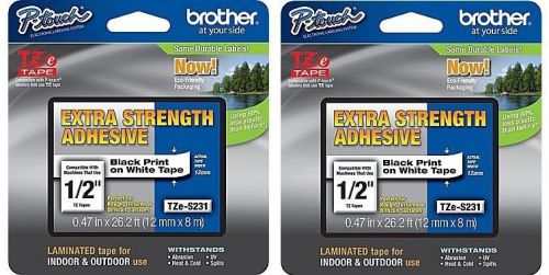 2 Packs - Brother TZeS231 -  12mm 1/2&#034; BLACK on WHITE P-Touch - EXTRA ADHESIVE