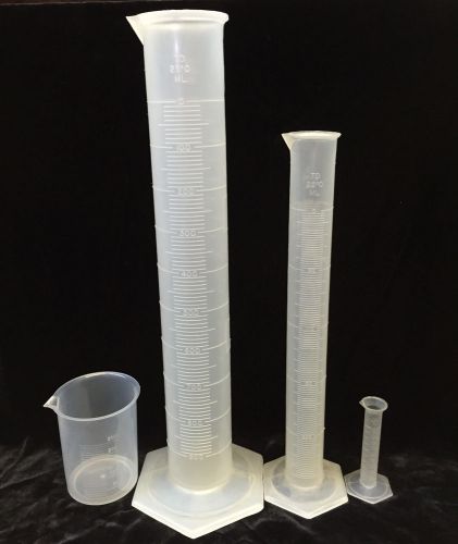 3 graduated cylinders 1000ml, 250ml, 10ml w/6-sided bases &amp; polylab 250ml cup for sale