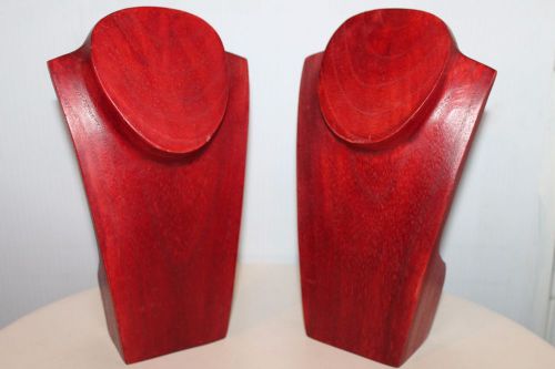 Lot of 2 Hand Crafted Natural Wooden Wine Red Necklace Display Bust Stand