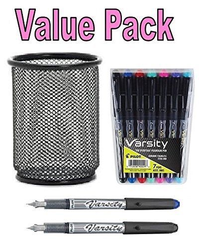 Pilot varsity disposable fountain pens, 9 pen assortment in mesh pencil cup for sale