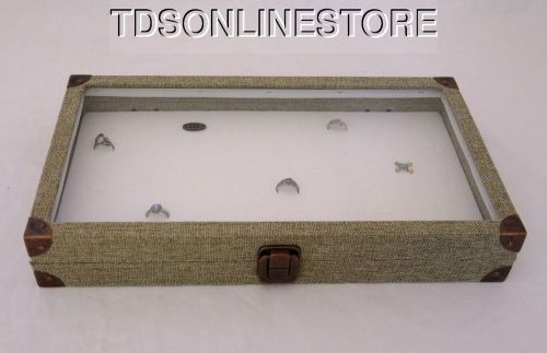 Burlap Covered Glass Top Jewelry Display Case For 72 Rings White Insert