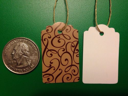 Lot 100 scalloped cocoa print 1 x 1 5/8 paper merchandise price tags with string for sale