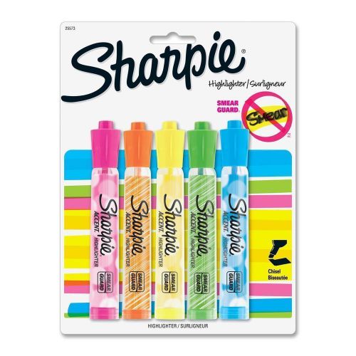NEW 5 Pack Sharpie Chisel Point Assorted Colors Highlighters Smear Guard 25573