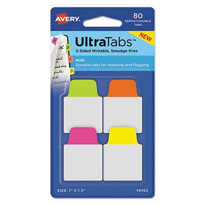 Ultra Tabs Repositionable Tabs, 1 x 1.5, Neon:Green, Orange, Pink, Yellow, 80/Pk