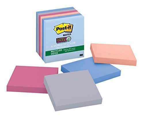 Post-it Recycled Super Sticky Notes, 3 in x 3 in, Bali Collection, 6 Pads/Pack