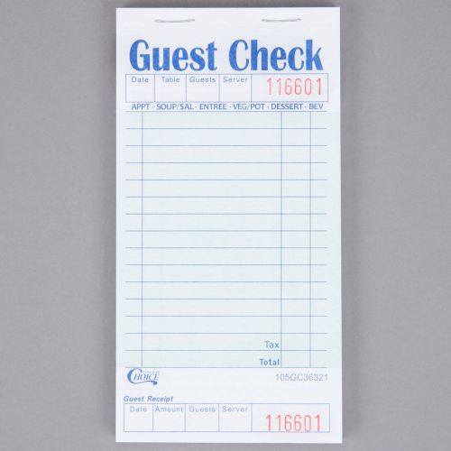 1 Part Green and White Guest Check with Bottom Guest Receipt - 50/Case