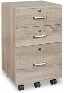 Wood 3 Drawer Rolling File Cabinet Desk Storage Home Office Filing with Lock NEW