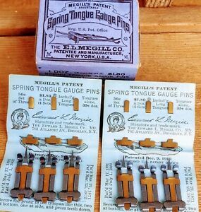 Megill’s Spring Tongue Gauge Pins Set of 6 carded neat vintage graphic box