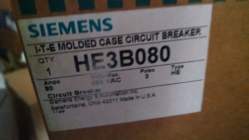 Siemens ite molded case circuit breaker he3b080 80 amp 480 vac 3 poles type he for sale
