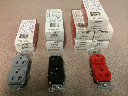 Lot of 8 Receptacle PASS &amp; SEYMOUR 5362, 20 amp 125V, 5 RED, 2 BLACK, 1 GRAY