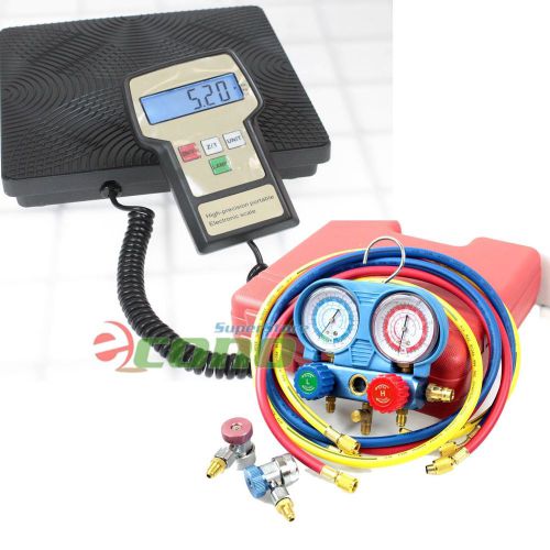 Digital A/C Refrigerant Freon Charging Recovery Weight Scale + R134 R12 Manifold