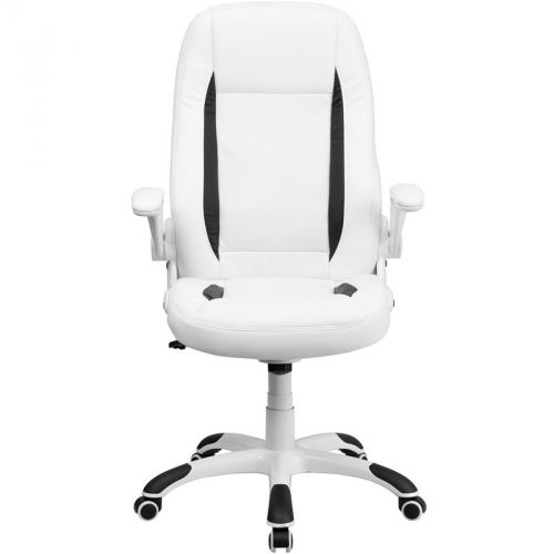 High Back White Leather Executive Office Chair with Flip-Up Arms