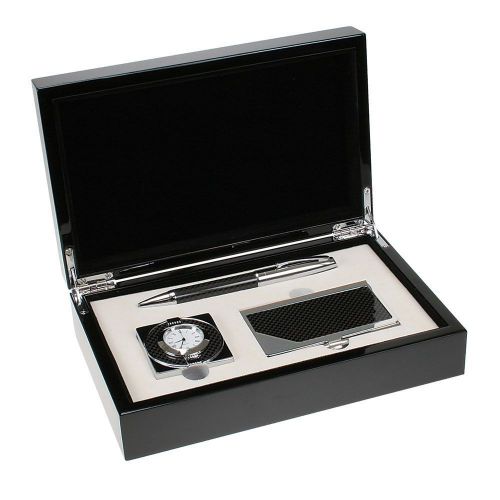 Carbon Fiber Pen, Business Card Case, &amp; Clock Executive Gift Set