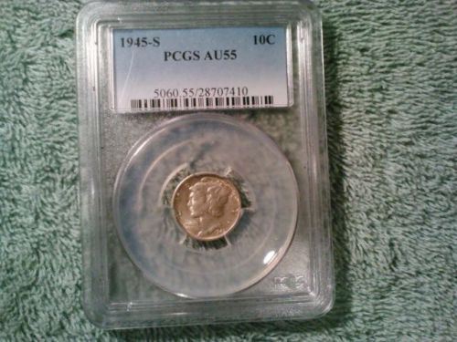 US 1945 S Graded PCGS AU55 silver mercury dime Cent very RARE