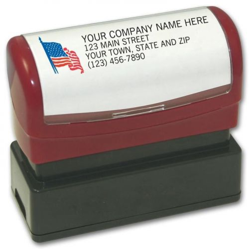 Pre-inked name and address 3 stamps with blue and red american flag, black ink for sale