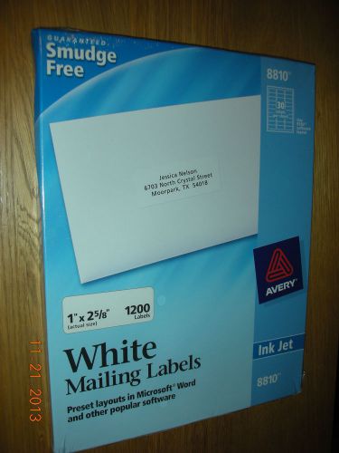 Avery #8810 1&#034;x2 5/8&#034; White Mail Labels 1200 Labels 30 Labels Per Sheet