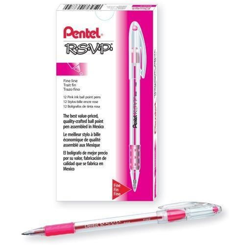 Pentel r.s.v.p. ballpoint pen, 0.7mm fine tip, pink ink, box of 12  (bk90-p) new for sale
