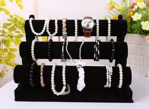 Black velvet jewelry bracelet watch display 3-tier rack holder - countertop ra1* for sale