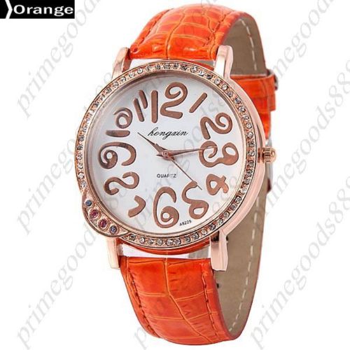 Round Case  PU Leather Band Analog Quartz Lady Ladies Wristwatch Women&#039;s Orange