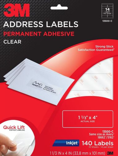 1 Pck Brand New 3M Address Labels 13500-C Clear 140 cnt, 14 labels/sheet 1.3&#034;x4&#034;