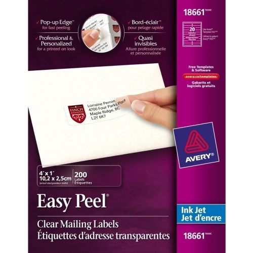 Avery easy peel mailing label - 1&#034; width x 4&#034; length - 200 / pack - clear for sale