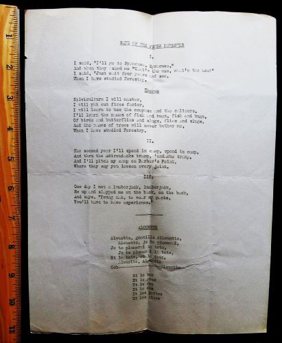 UNIQUE! FORESTRY SONGS NY State Coll. of FORESTRY at SYRACUSE 3 pages of lyrics