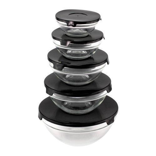 Glass Bowl Set With Black Lids Finelife